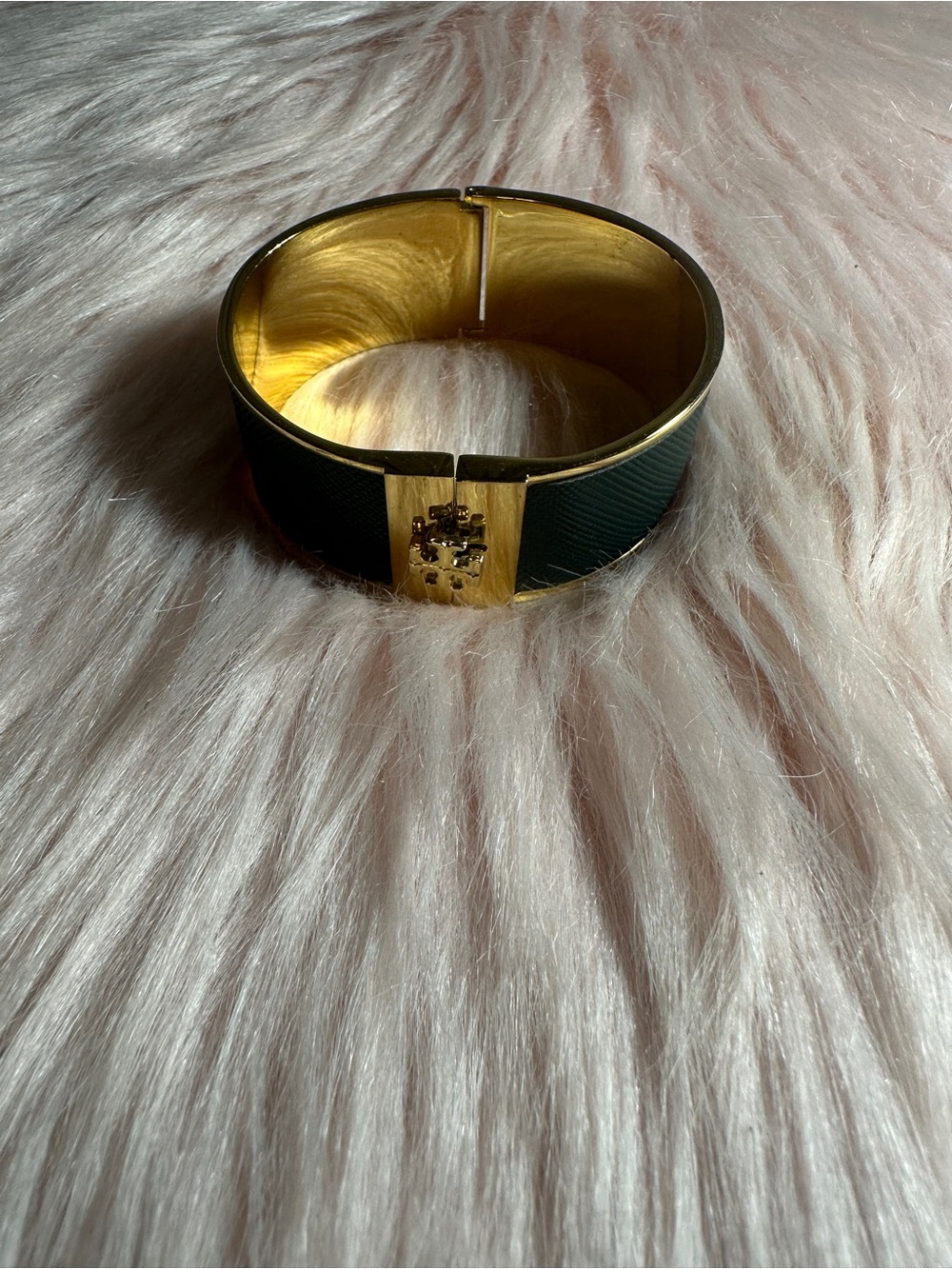 Tory Burch Green and Gold Logo Hinge Bracelet